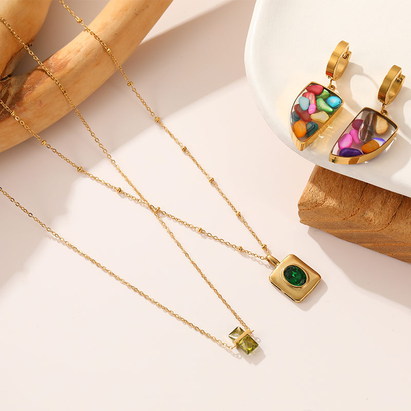 Colorful Filled Earrings and Square Pendant
