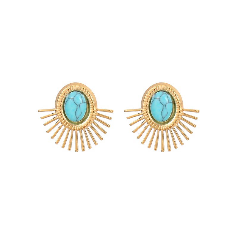 Custom Vintage Gemstone-Inlaid Fan-Shaped Gold Stud Earrings E1479