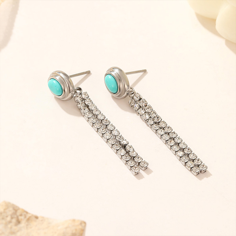 Natural Stone Turquoise Boho Stone Zircon Tassel Earrings Pendant Stud Earings