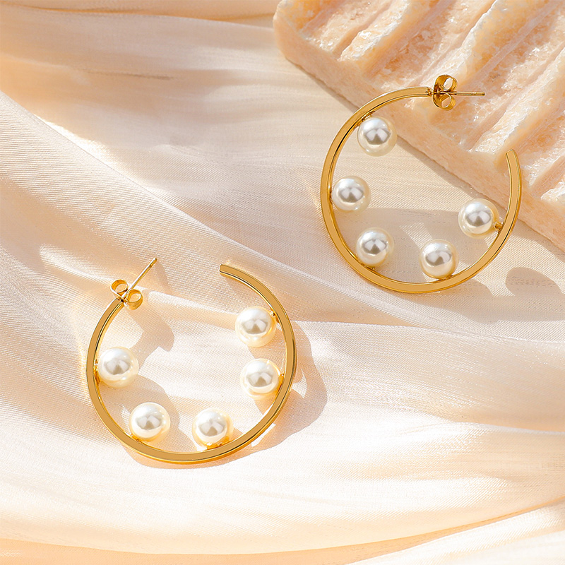 Factory Custom Stainless Steel Fashion C-shaped Exaggerated Pearl Earrings For Girls