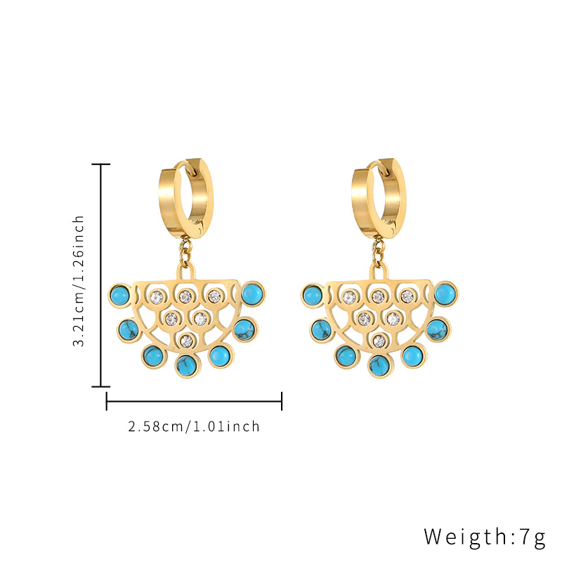 New stainless steel turquoise round zircon earrings ancient hollow fan design hoop earrings