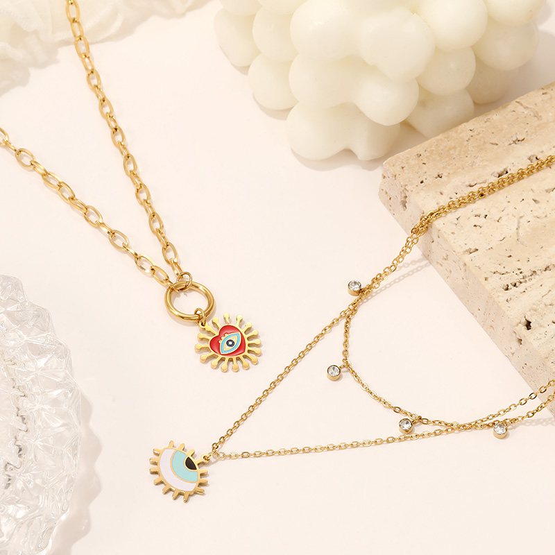Stainless Steel Colorful Enameling Eye's Pendant Double Layer Necklace Jewelry