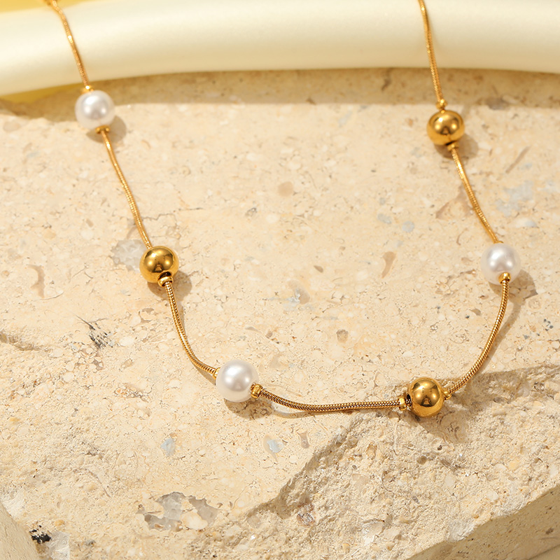 Fashion Jewellery Wholesale Round Snake Beaded Pearl Chain Gold Necklace