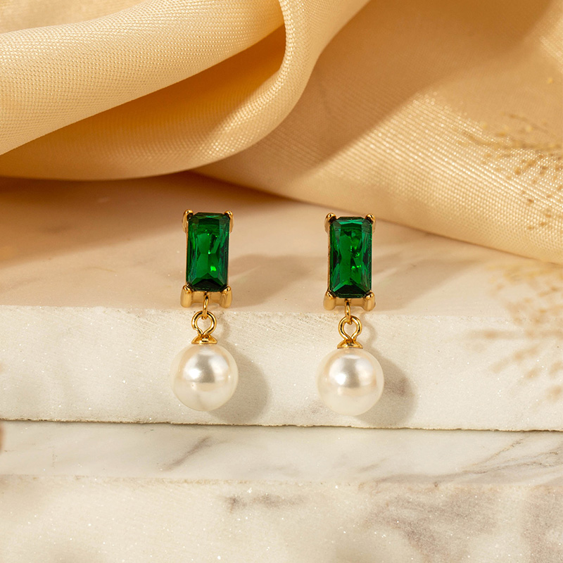 Custom green zircon pearl pendant stud earrings