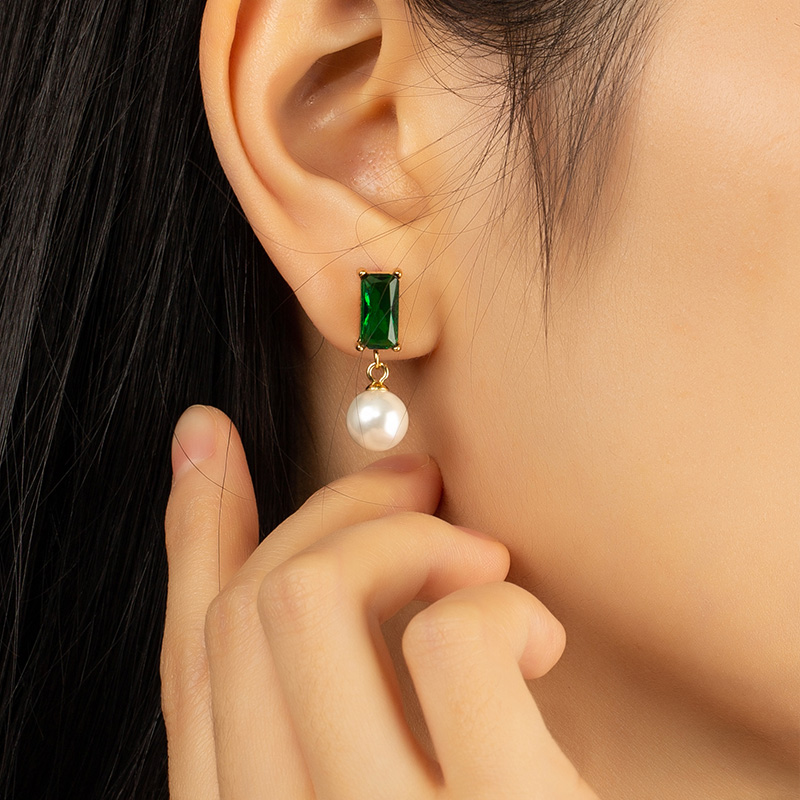 Custom green zircon pearl pendant stud earrings