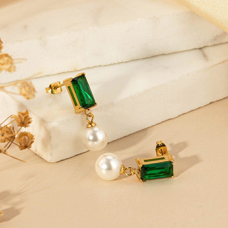 Custom green zircon pearl pendant stud earrings