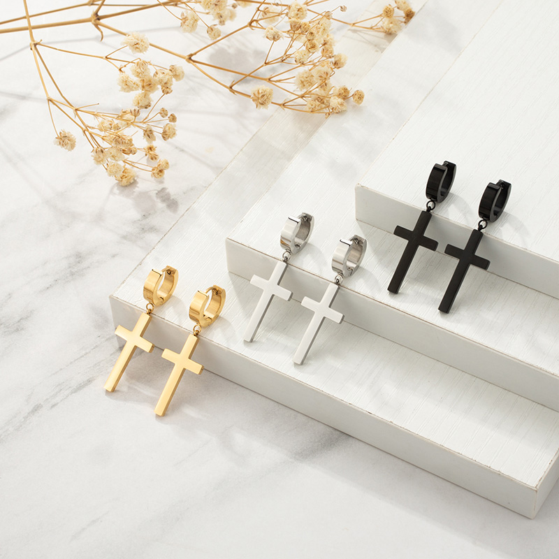 2023 Wholesale Stainless Steel Cross Pendant Hoop Earrings