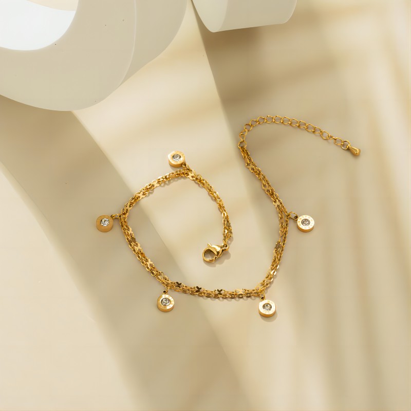 Round CZ Charm Anklet Multi-layer Chain Anklet Stainless Steel For Women Fashion Jewelry