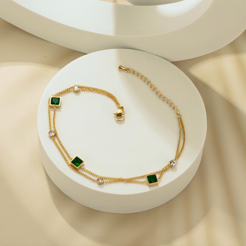 Stainless Steel Fashion Jewelry 2 Layer Zircon Green Crystal Charm Chain Anklet For Women