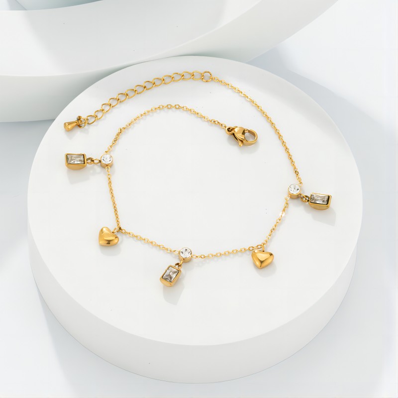 Stainless Steel Geometric Square Zircon Glossy Heart Pendant Anklet Ladies Fashion  Anklet