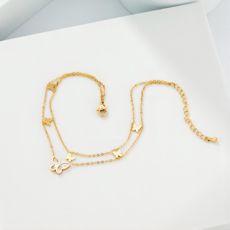 Fashion Layered Butterfly Stainless Steel Inlay Shell 18K Gold Plated Women Anklet