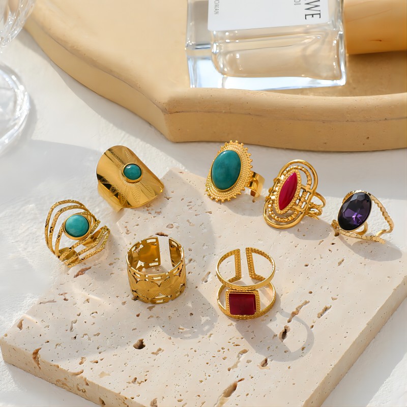 Retro U Shape Stainless Steel Agate Ring 18K Gold Plated Open Ring