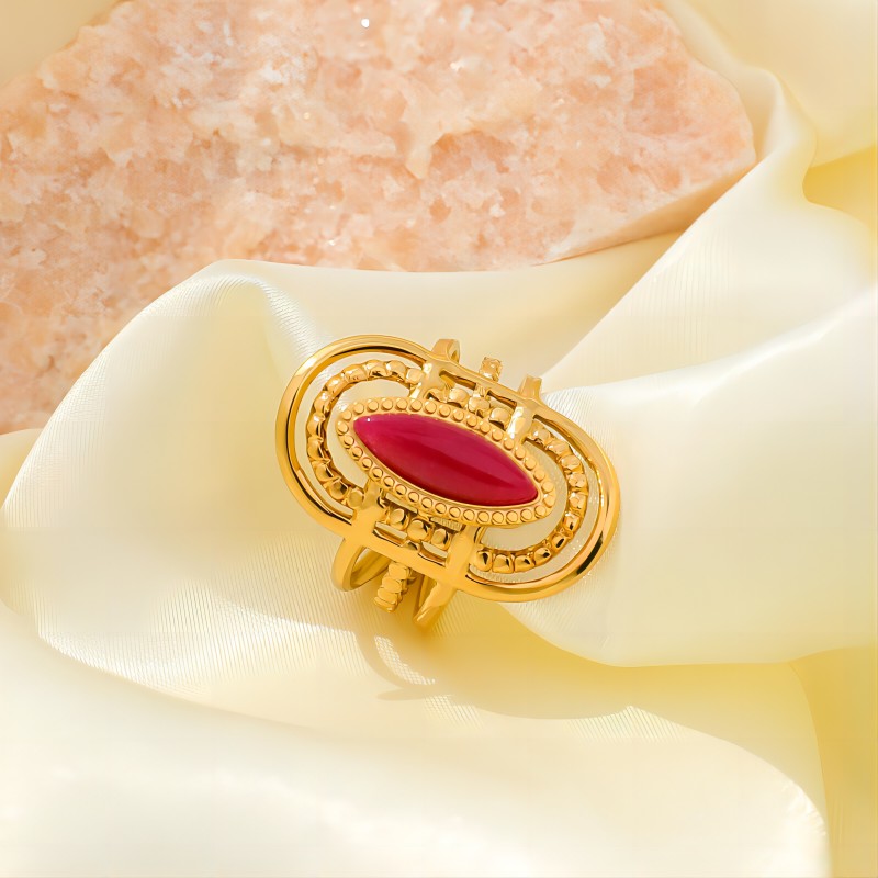 Retro U Shape Stainless Steel Agate Ring 18K Gold Plated Open Ring