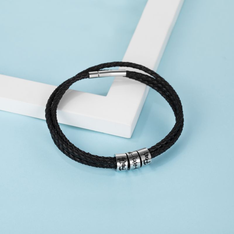 Personalized Men's Leather Bracelet Stainless Steel Custom Family Name Bracelet
