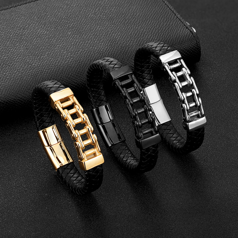Stainless Steel Unique Punk Bicycle Chain Men Leather Bracelet Motorcycle bracelet