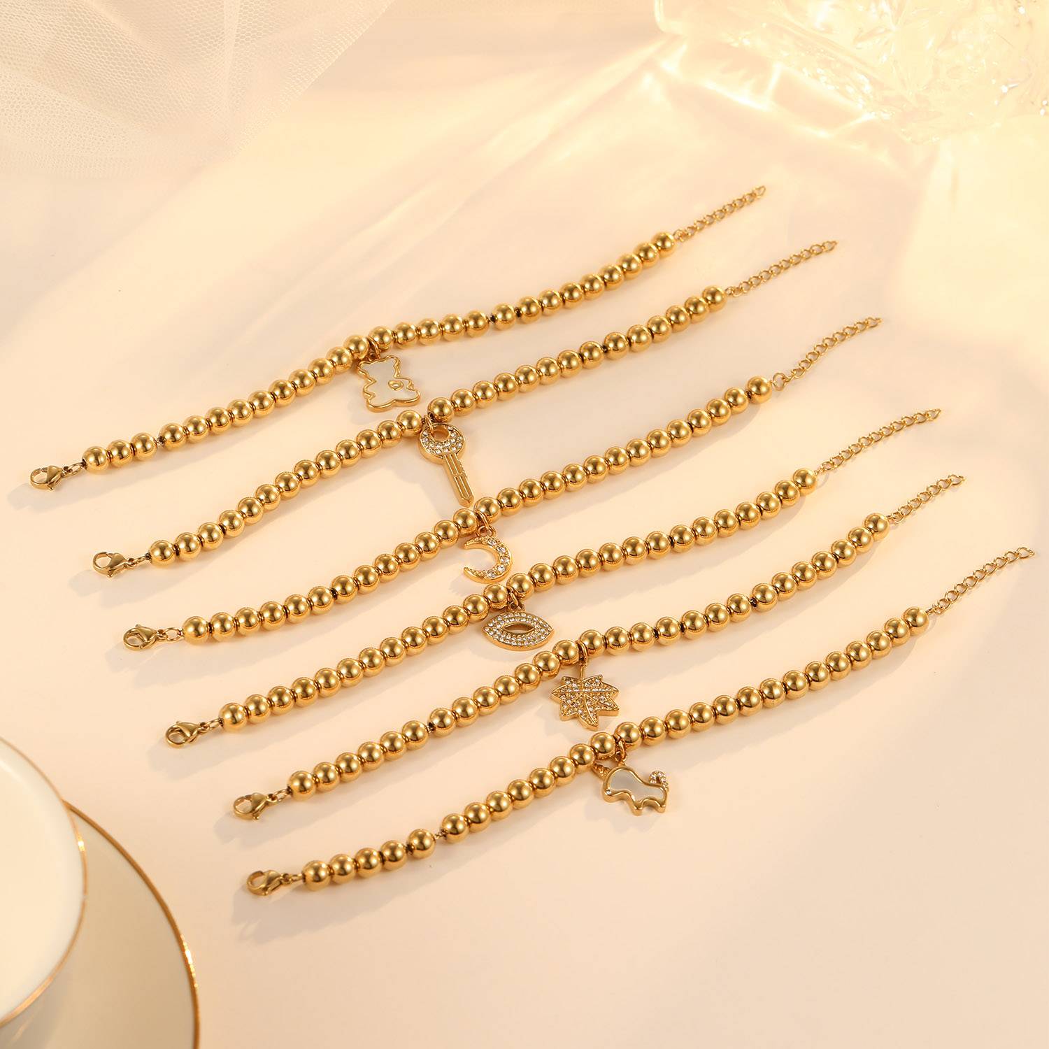 Multi-charms Beads Bear Maple Leaves Moon Charms Stainless Steel Plating Gold Bracelet