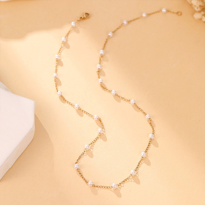 Factory wholesale stainless steel spaced pearl chain necklace