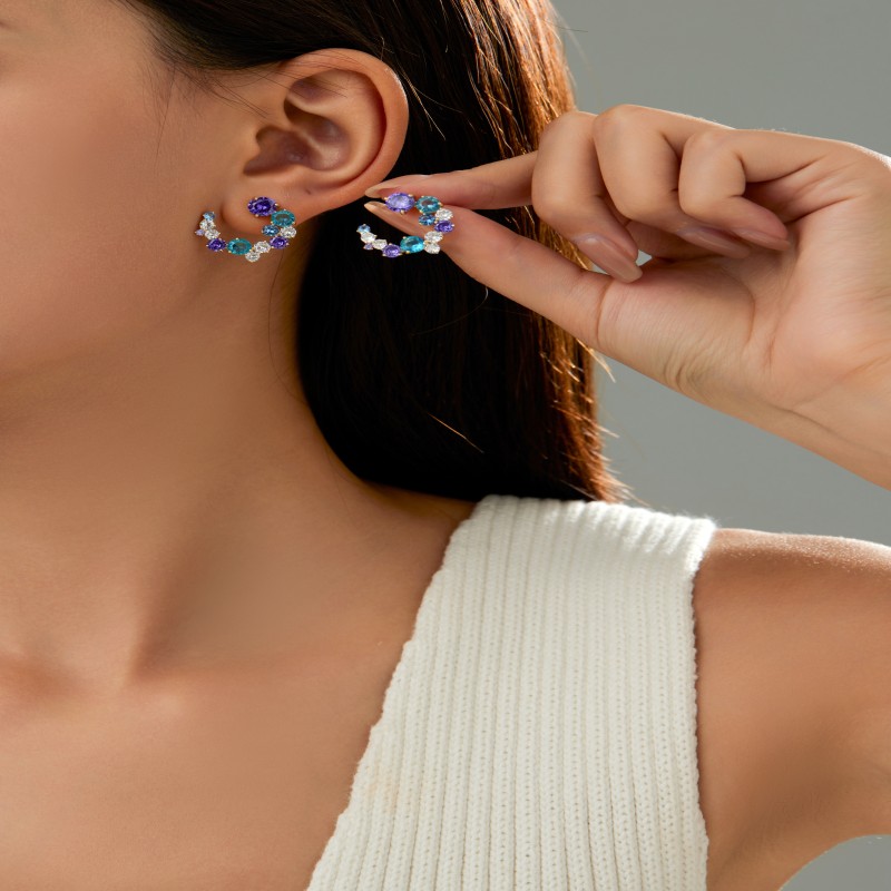New listing purple blue white zircon C-shaped silver stud earrings