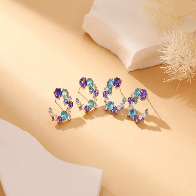 New listing purple blue white zircon C-shaped silver stud earrings