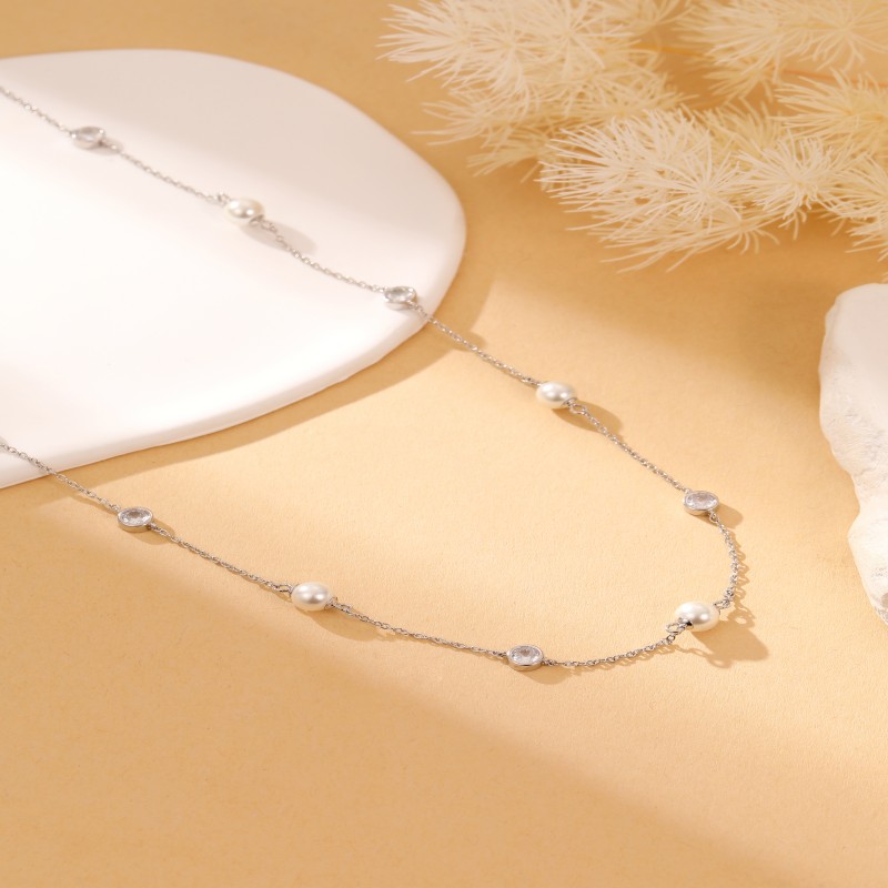 Newest elegant 925 silver zircon pearl chain necklace