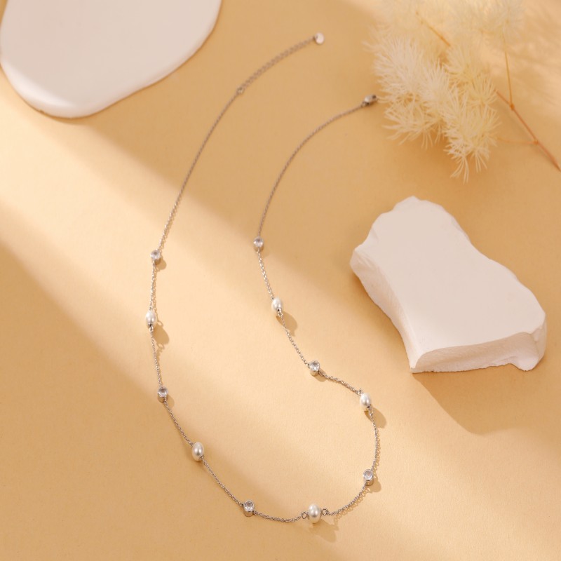 Newest elegant 925 silver zircon pearl chain necklace