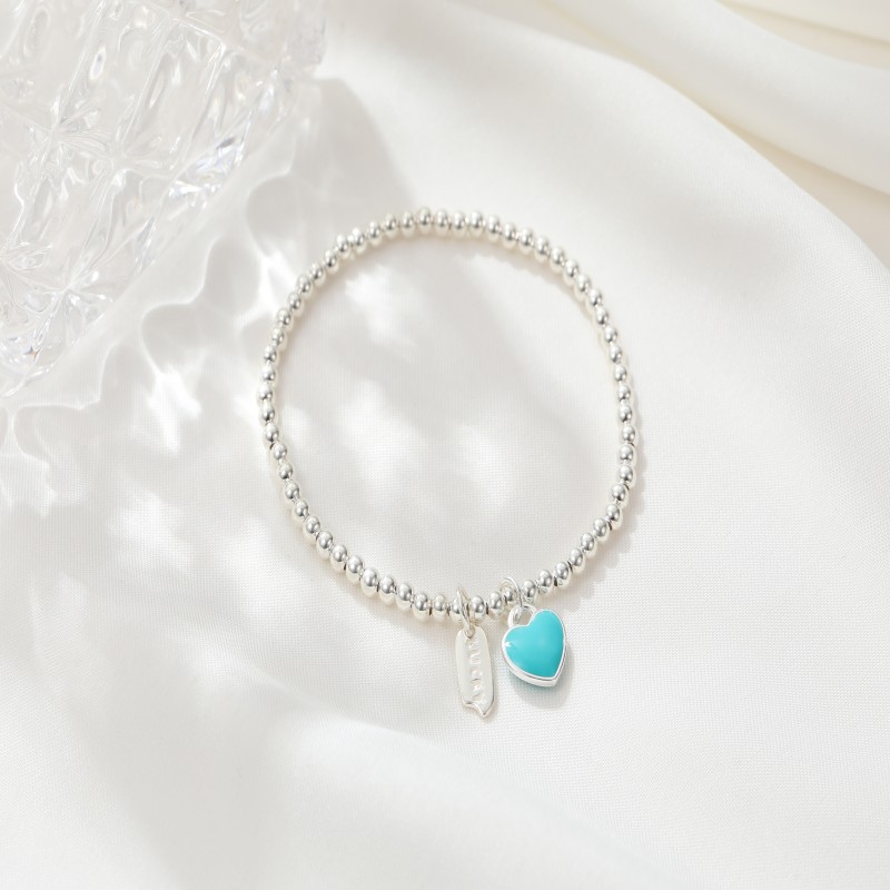 Custom shining silver bead enamel heart lucky tail tag bracelet