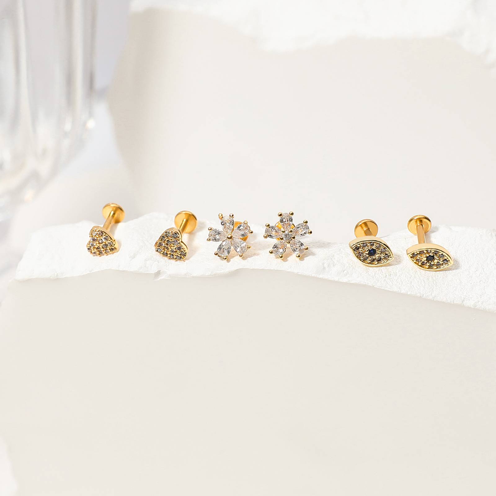 Titanium Material Piercing Flowers & Hearts & Devil's Eyes Zircon Stud Earrings