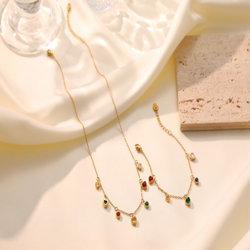 Custom colorful zircon heart pendant necklace bracelet set