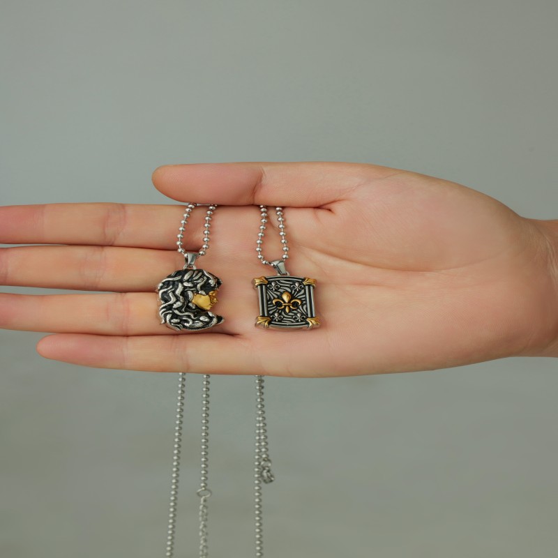 Punk Snake Demon Medusa Beauty Faith Glass Bead Chain and Iris Titanium Square Plaque Necklace