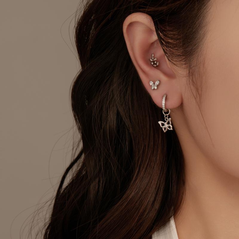 Waterproof titanium butterfly leaf shaped zircon stud earrings