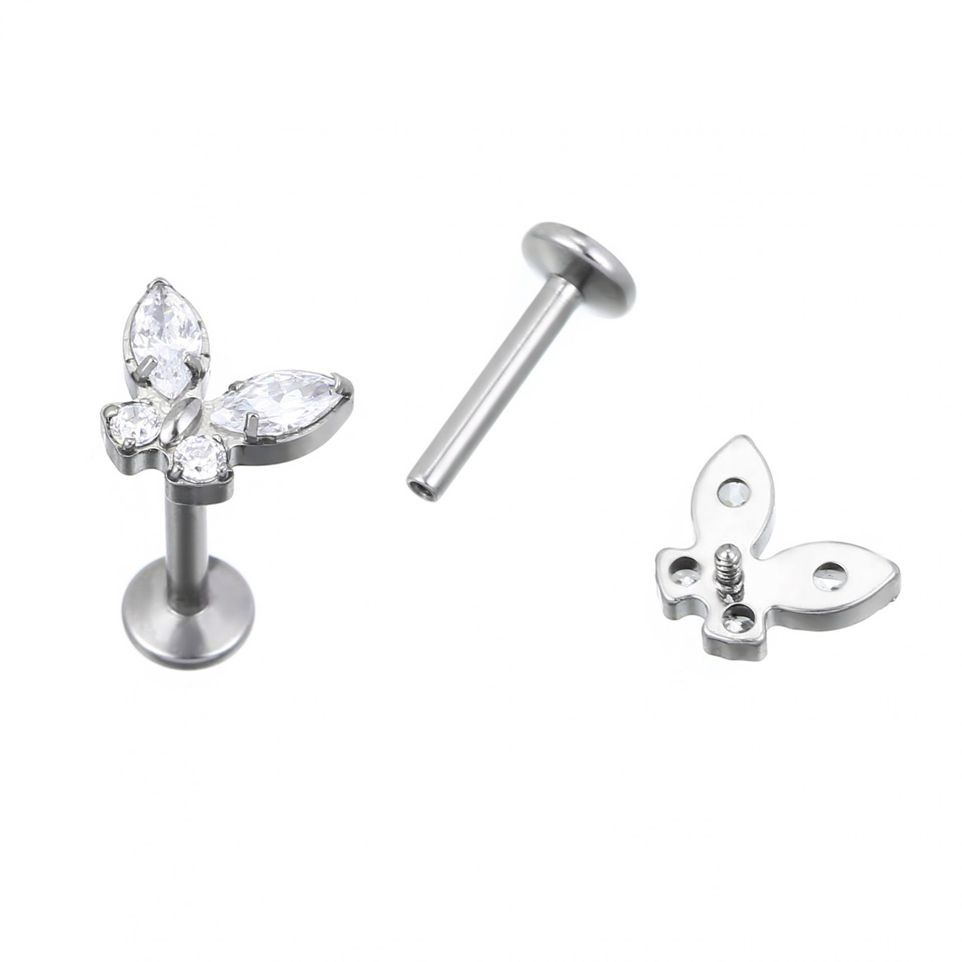 Waterproof titanium butterfly leaf shaped zircon stud earrings