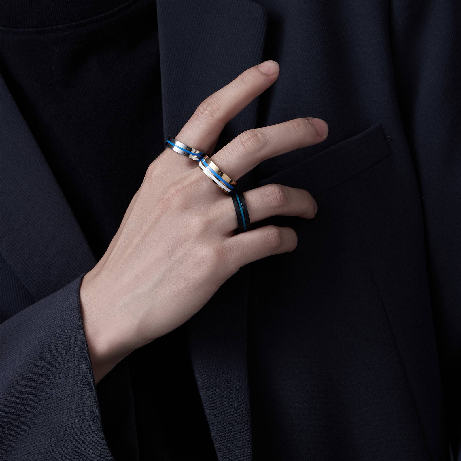 2024 Punk Style Titanium Jewelry For Men Blue Enameling&Colorful Plating Matte Men's Rings&Necklace