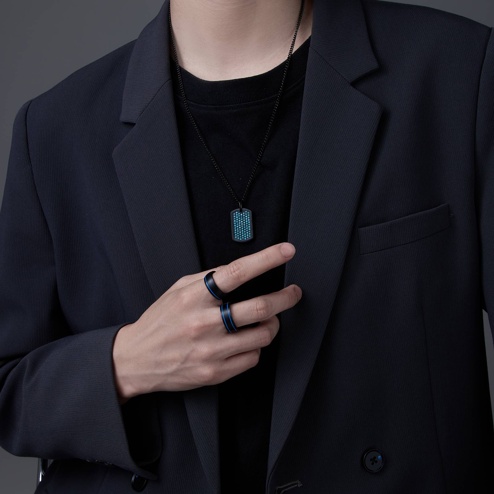 2024 Punk Style Titanium Jewelry For Men Blue Enameling&Colorful Plating Matte Men's Rings&Necklace