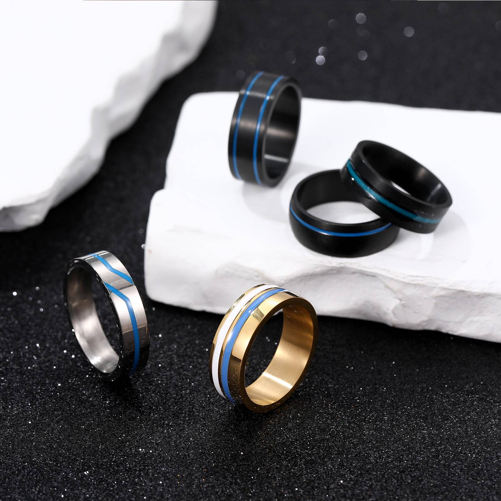 2024 Punk Style Titanium Jewelry For Men Blue Enameling&Colorful Plating Matte Men's Rings&Necklace