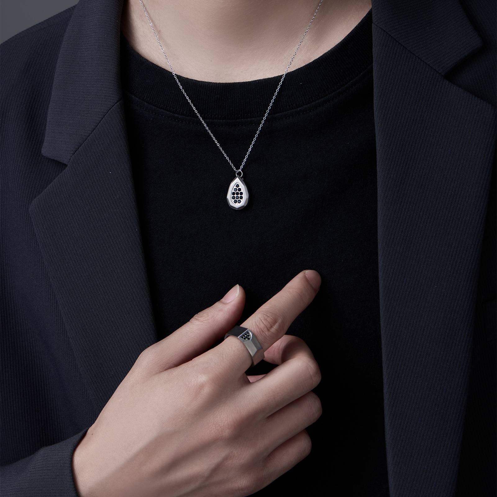 Unique Design Men's Non-Tarnish Square Zircon Stone Titanium Gun Plated Color Rings&Necklaces