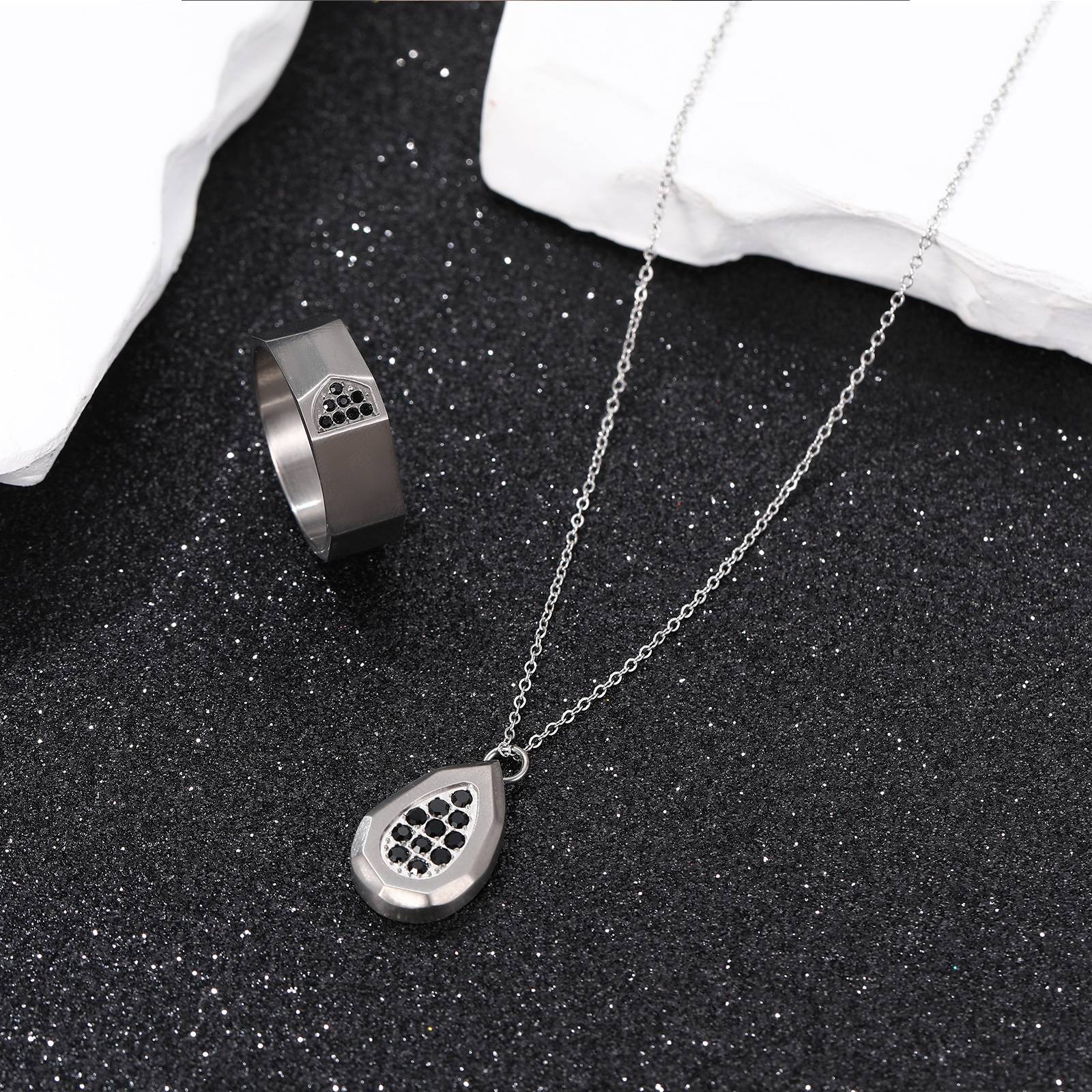 Unique Design Men's Non-Tarnish Square Zircon Stone Titanium Gun Plated Color Rings&Necklaces