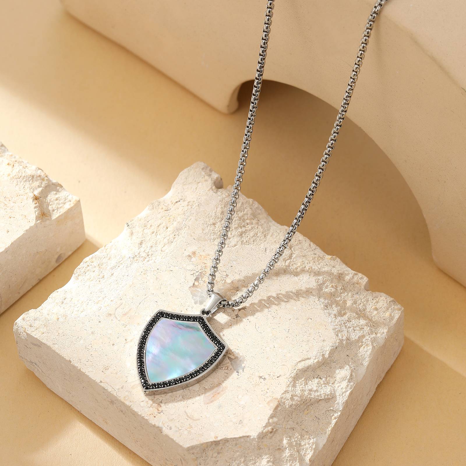 Unique black agate zircon shield necklace