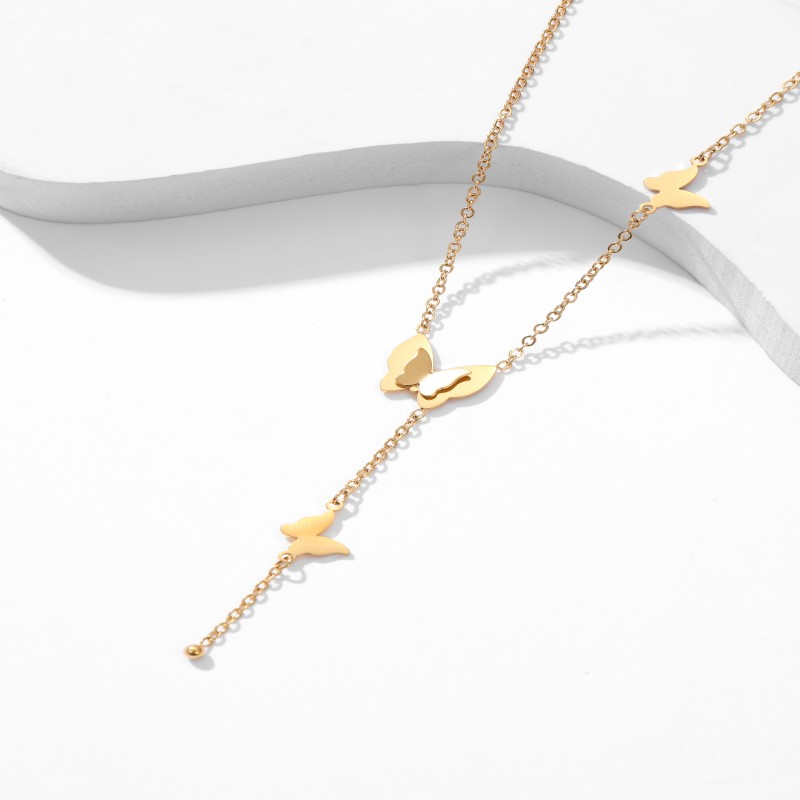Waterproof good selling gold plated stainless steel  butterfly pendant tassel necklace