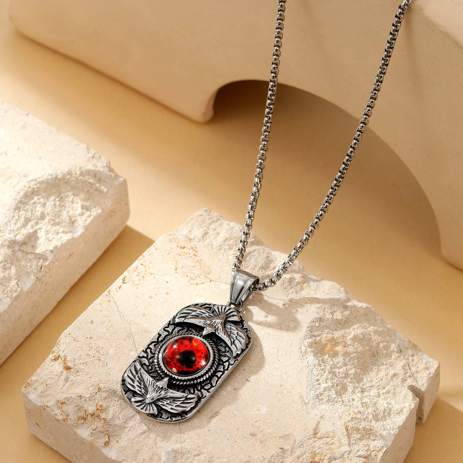 Men dog tag eagle red gem eye pendant necklace